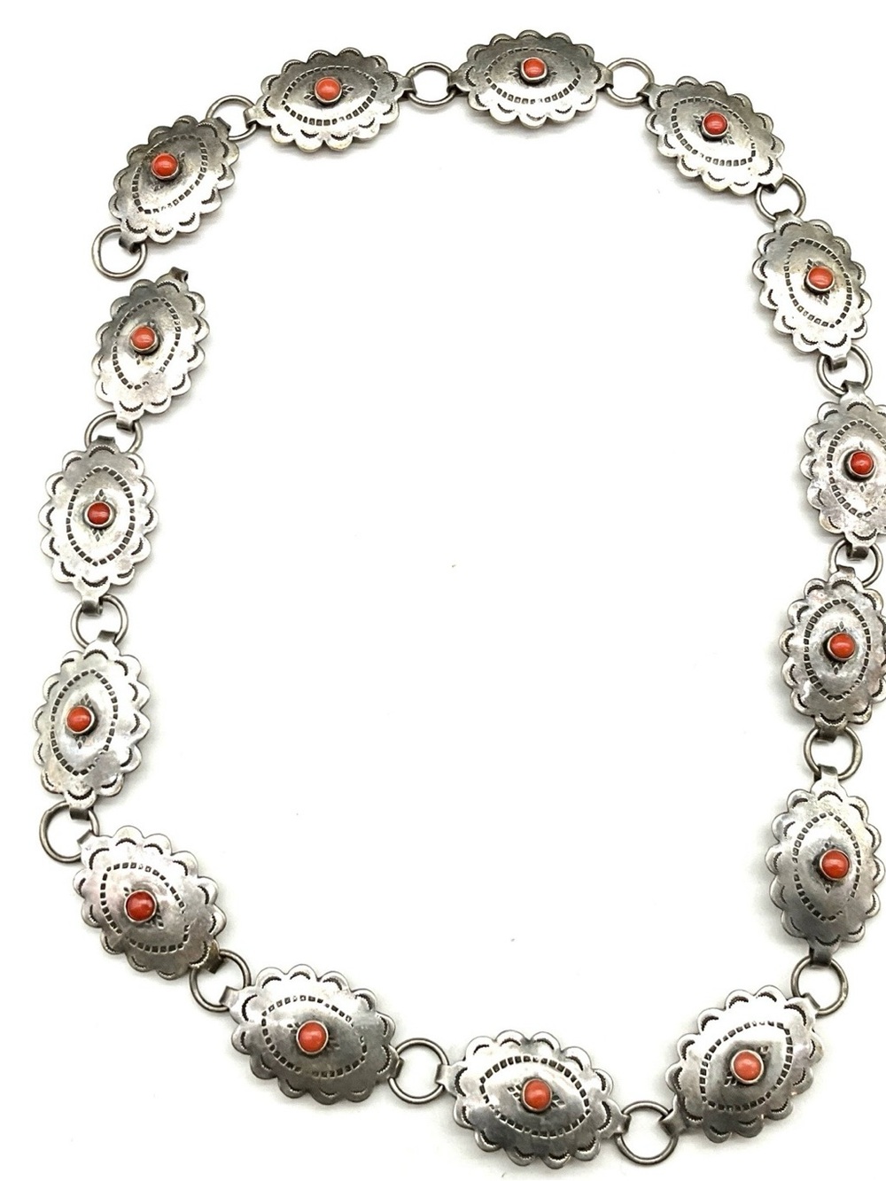 Sterling Silver Concho Necklace with Coral Accents - Women's Belt 27 inches